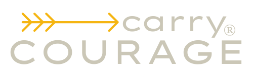 Logo of 'carry COURAGE' with a yellow arrow on a white background